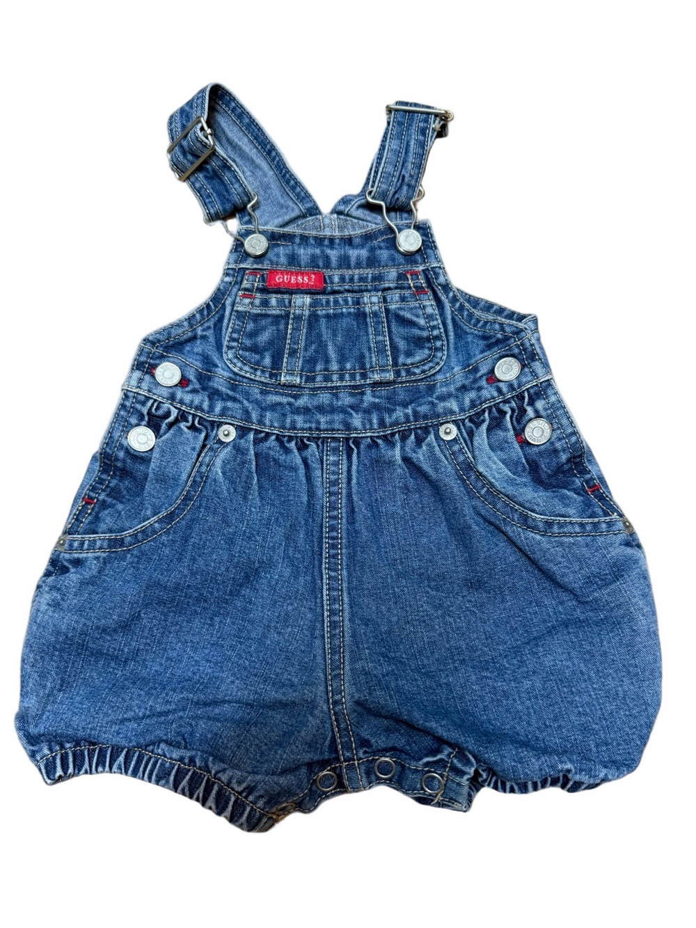 Vintage Baby Guess Denim Bubble Shortalls 6/9M Red Logo Y2K Overalls Romper
